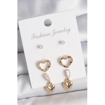 HEYF Pirinç Gold Renk Zirkon Taşlı Sallantı Kalp Model Kadın 3 Çift Küpe Seti