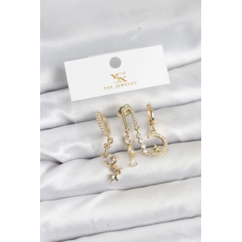 HEYF Pirinç Gold Renk Zirkon Taşlı Uzay Model YSX Trio Küpe Seti