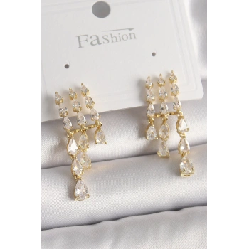 HEYF Pirinç Gold Renk Zirkon Taşlı Yağmur Model Kadın Küpe