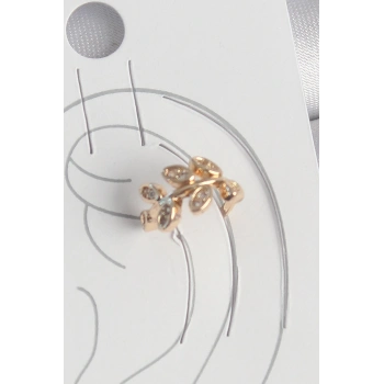 HEYF Pirinç Gold Renk Zirkon Taşlı Yaprak Model Kadın Kıkırdak Küpe