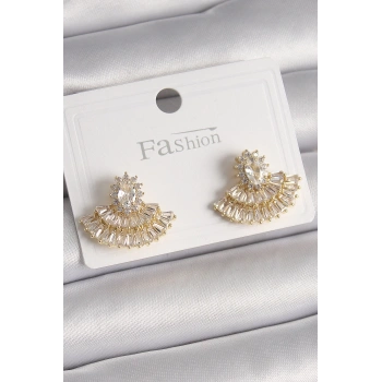 HEYF Pirinç Gold Renk Zirkon Taşlı Yelpaze Model Kadın Küpe