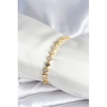 HEYF Pirinç Gold Renk Zirkon Taşlı Yonca Model Kadın Bileklik