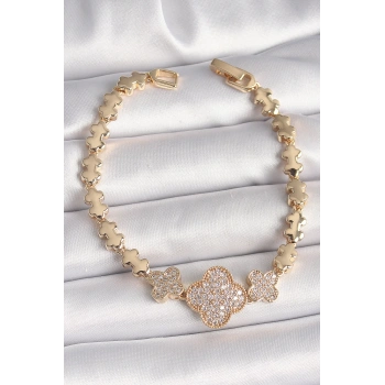 HEYF Pirinç Gold Renk Zirkon Taşlı Yonca Model Zincir Kadın Bileklik