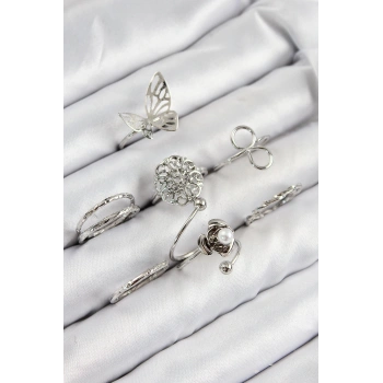 HEYF Pirinç Gül Kelebek Model Gümüş Renk Kadın Yüzük Kombin Set