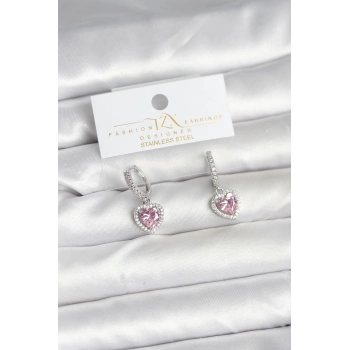 HEYF Pirinç Gümüş Pembe Renk Zirkon Taşlı Kalp Model Kadın Küpe