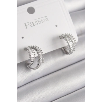 HEYF Pirinç Gümüş Renk 2Li Zirkon Taşlı Halka Model Kadın Küpe