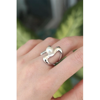 HEYF Pirinç Gümüş Renk Ayarlanabilir İnci Taşlı Yüzük