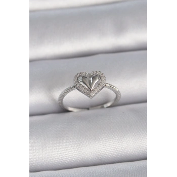 HEYF Pirinç Gümüş Renk Ayarlanabilir Zirkon Taşlı Kalp Model Kadın Yüzük