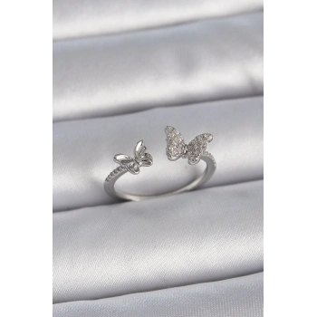 HEYF Pirinç Gümüş Renk Ayarlanabilir Zirkon Taşlı Kelebek Model Kadın Yüzük