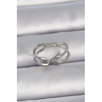 HEYF Pirinç Gümüş Renk Ayarlanabilir Zirkon Taşlı Sarmal Model Kadın Yüzük