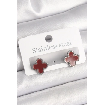 HEYF Pirinç Gümüş Renk Bordo Yonca Model Kadın Küpe