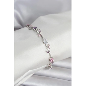 HEYF Pirinç Gümüş Renk Çiçek Sarmaşık Model Kadın Bileklik