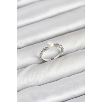 HEYF Pirinç Gümüş Renk Göbek İnci Model Kadın Yüzük