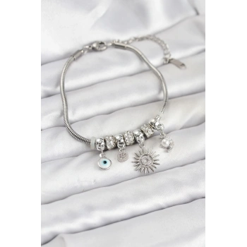 HEYF Pirinç Gümüş Renk Güneş Charmlı Kadın Bileklik