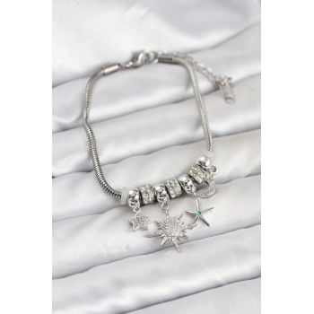 HEYF Pirinç Gümüş Renk Güneş Tema Charmlı Kadın Bileklik