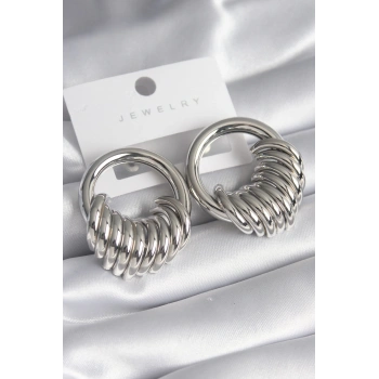 HEYF Pirinç Gümüş Renk Halka Sarmal Model Kadın Küpe