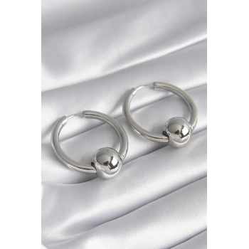 HEYF Pirinç Gümüş Renk Halka Top Model Kadın Küpe