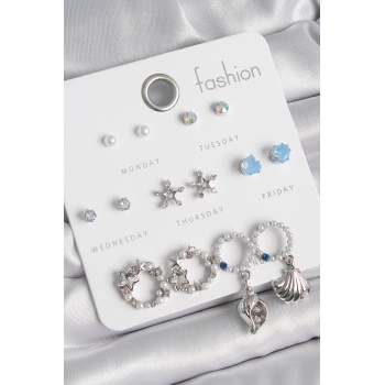 HEYF Pirinç Gümüş Renk İncli Zirkon Taşlı Halka Figür Yıldız Detay 7 Çift Kadın Küpe Seti