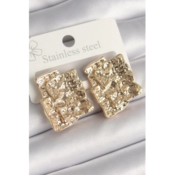 HEYF Pirinç Gümüş Renk İşlemeli Kare Plaka Model Kadın Küpe