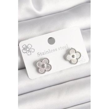 HEYF Pirinç Gümüş Renk İşlemeli Yonca Model Kadın Küpe