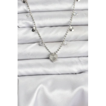 HEYF Pirinç Gümüş Renk Kalp Model Kadın Kolye