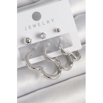 HEYF Pirinç Gümüş Renk Kalp Model Zirkon Taş Topçuk Detay Kadın Küpe Seti