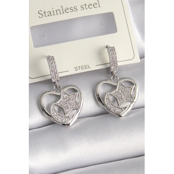 HEYF Pirinç Gümüş Renk Kalp Model Zirkon Taşlı Ay Yıldız İşlemeli Kadın Küpe