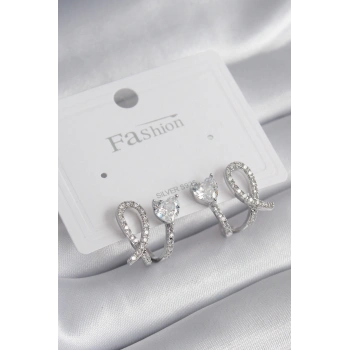 HEYF Pirinç Gümüş Renk Kalp Model Zirkon Taşlı Kadın Küpe