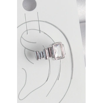 HEYF Pirinç Gümüş Renk Kare Zirkon Taşlı Kadın Kıkırdak Model Küpe