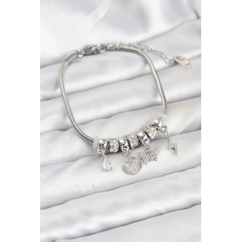 HEYF Pirinç Gümüş Renk Kelebek Charmlı Kadın Bileklik