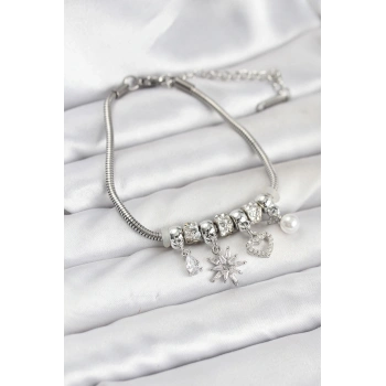 HEYF Pirinç Gümüş Renk Kutup Yıldızı ve Kalp Charmlı Kadın Bileklik