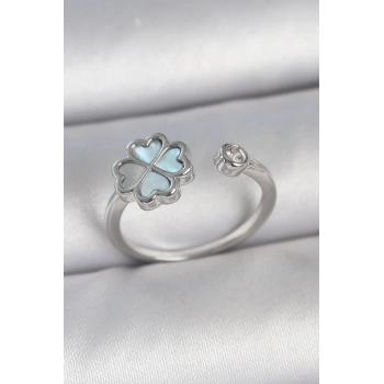 HEYF Pirinç Gümüş Renk Mavi Mineli Yonca Model Zirkon Taş Detay Ayarlanabilir Kadın Yüzük