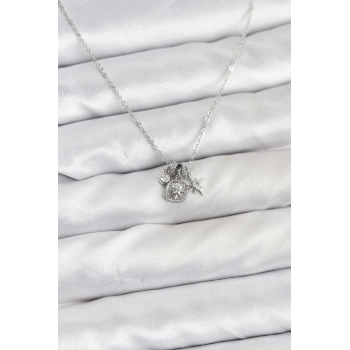 HEYF Pirinç Gümüş Renk Minimal Charmlı Kadın Kolye