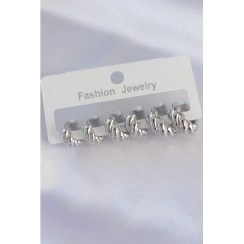 HEYF Pirinç Gümüş Renk Minimal Tırtıklı Küpe Seti