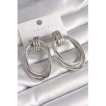 HEYF Pirinç Gümüş Renk Oval Model Kadın Küpe