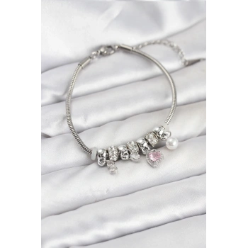 HEYF Pirinç Gümüş Renk Pembe Kalp Charmlı Kadın Bileklik