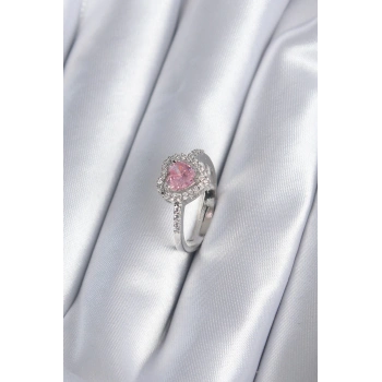 HEYF Pirinç Gümüş Renk Pembe Zirkon Taş Kalp Charm Model Kadın Yüzük