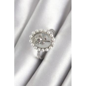 HEYF Pirinç Gümüş Renk Portre Gül Model İnci Detay Kadın Yüzük