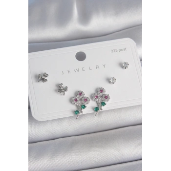 HEYF Pirinç Gümüş Renk Renkli Zirkon Taşlı Çiçek Model Yaprak Detay 925 Ayar Gümüş Çivi Kadın Küpe Seti