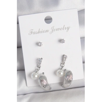 HEYF Pirinç Gümüş Renk Sallantılı Zirkon Taşlı Damla Model 3 Çift Kadın Küpe Seti