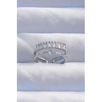 HEYF Pirinç Gümüş Renk Sedefli Zirkon Taşlı Su Yolu Model 2li Görünüm Ayarlanabilir Yüzük