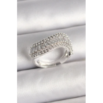 HEYF Pirinç Gümüş Renk Su Yolu Zirkon Dalga Model Ayarlanabilir Kadın Yüzük