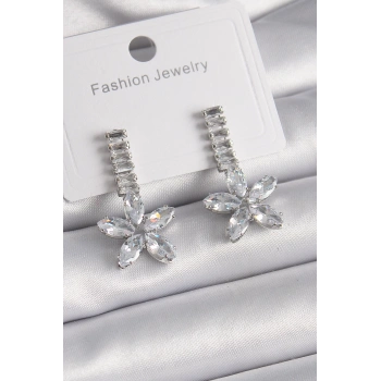 HEYF Pirinç Gümüş Renk Su Yolu Zirkon Taşlı Çiçek Model Kadın Küpe