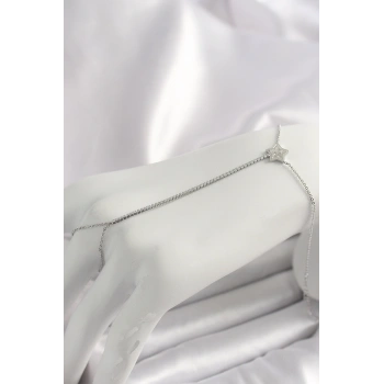 HEYF Pirinç Gümüş Renk Su Yolu Zirkon Taşlı Yıldız Model Kadın Şahmeran