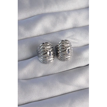 HEYF Pirinç Gümüş Renk Tırtıklı Minimal Bombeli Tasarım Küpe