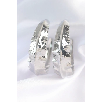 HEYF Pirinç Gümüş Renk Yaprak Desenli Halka Küpe