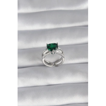 HEYF Pirinç Gümüş Renk Yeşil Zirkon Taşlı Tek Taş Model Kadın Yüzük