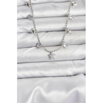 HEYF Pirinç Gümüş Renk Yıldız Model Kadın Kolye
