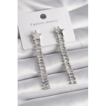 HEYF Pirinç Gümüş Renk Yıldız Model Su Yolu Zirkon Taş Kadın Küpe