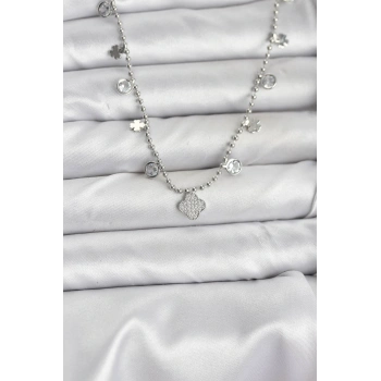 HEYF Pirinç Gümüş Renk Yonca Model Kadın Kolye